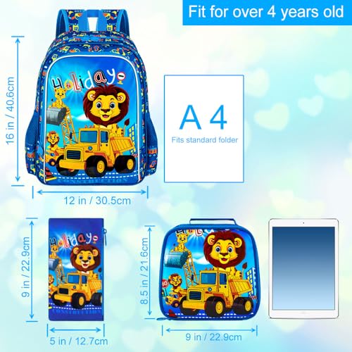 Image of 16 inch Kids Backpack for Boys, 3Pcs Excavator Bookbag Set for Elementary Preschool Kindergarten, Lion School Backpacks with Lunch Box(Blue)