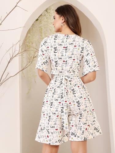 Image of Miss Chase Women's V Neck Half Sleeve Conversational Printed Wrap Knee Long Playsuit