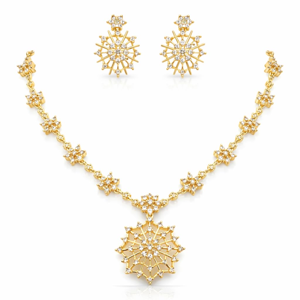 Snowflake Necklace Set & Matching Earrings | Suitable for Every Occasion | Elite Quality (Crystal White, Gold Finish)