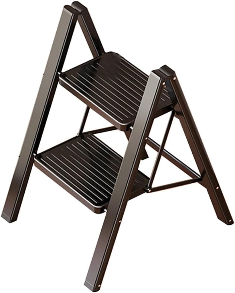Multi-Purpose Folding Step Ladder Chair - Sturdy Carbon Steel Frame, 2/3 Layer Storage Rack & Flower Stand, No Assembly Required, Perfect for Bedroom & Library Use (Black, 68x61x68