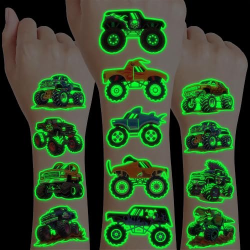 Image of 96 PCS Monster Truck Pre-Cut Luminous Glow in the dark Temporary Tattoos | Super Cute Themed Birthday Party Favors Supplies Decorations, Race Car Fake Tattoos for Kids Rewards & Gifts for Boys Girls