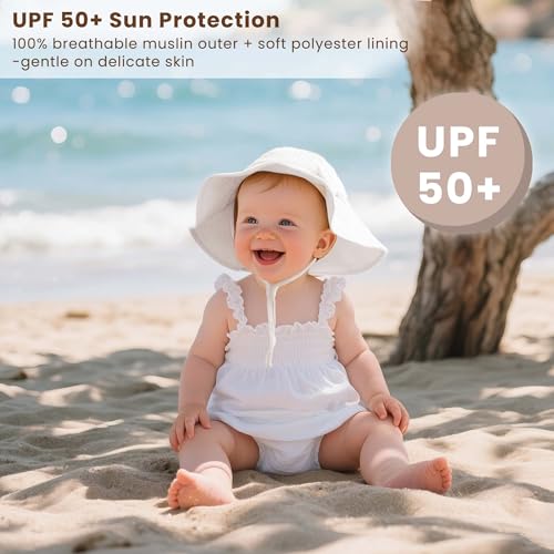 Konssy Muslin Baby Sun Hat, UPF 50+ Sun Protection Wide Brim Summer Beach Hat with Chin Strap, Breathable Bucket Hat2