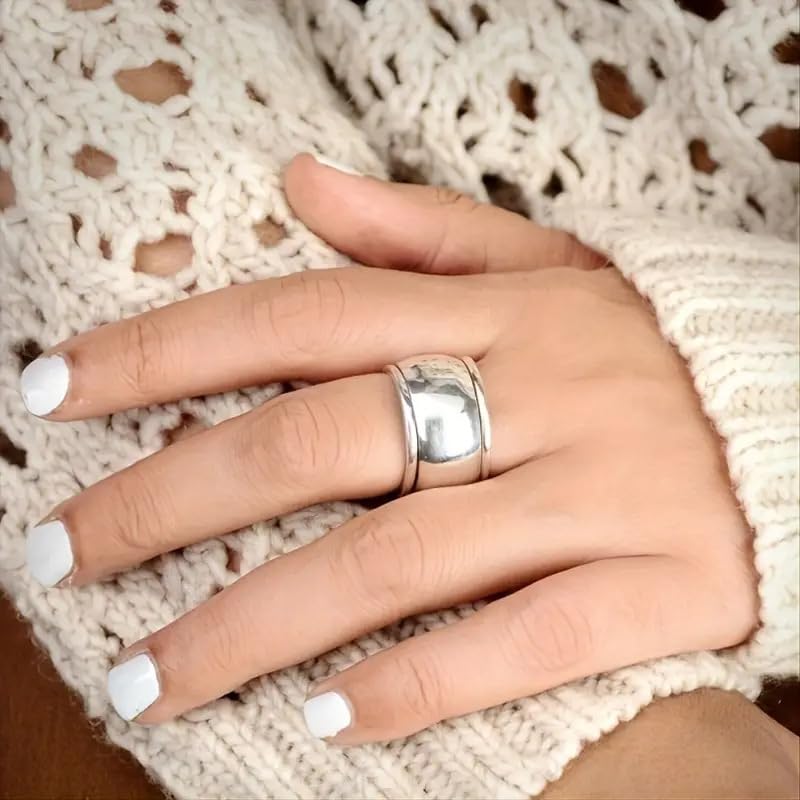 Image of 925 Sterling Silver Wide face Couple Transport Copper Ring, Unisex Plain Ring Index Finger Ring, Wide face Curved Ring, Fashionable and Versatile Street Style Ring Size 7
