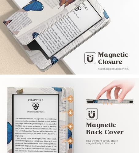 Image of MoKo Case for 6 inch All-New eBook(11th Generation-2024 /2022), Lightweight Shell Cover with Hand Strap Auto Wake /Sleep for E-Reader 11th Gen. 2024, Not fit Kobo Aura 2 /Remarkable, Vintage Butterfly