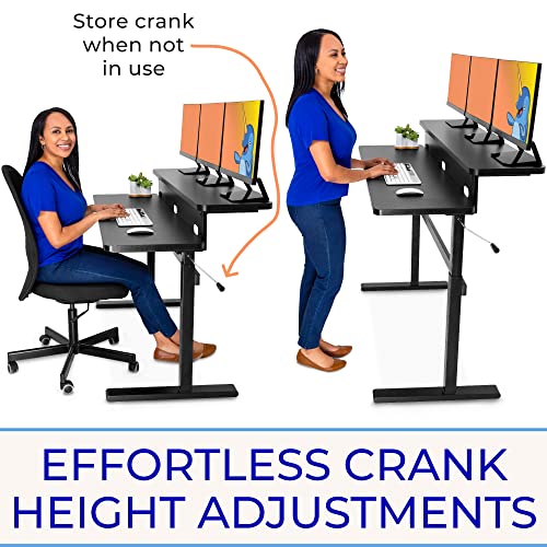 Stand Steady Tranzendesk | 55 Inch Dual Level Standing Desk With Shelf | Easy Crank Height Adjustable Sit To Stand Desk | Stand Up Workstation With Monitor Riser For Home & Office (55In / Black) #TOP4