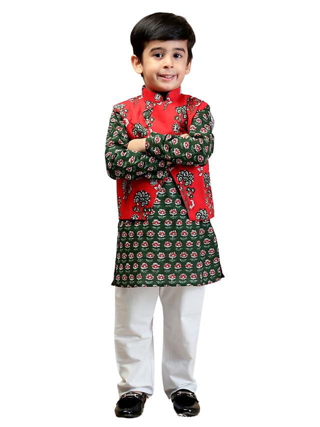 Image of The Mom Store Boys Printed Cotton Kurta Pajama Set With Jacket | Soft And Comfortable Ethnic Wear For Baby /Kids Boys | Full Sleeves Kurta Pyjama Set | Traditional Indian Outfit
