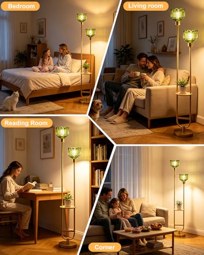 Image of Lightdot 2-Lights Modern Glass Floor Lamp with Table Gold Standing Tall Lamps with Green Glass Shade, Flower Floor Lamp with Foot Switch for Living Room Bedroom Home Decor (Bulbs Included)
