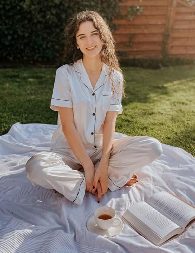 Image of SWOMOG Women Satin Pajamas Set Short Sleeve Top & Pants Sleepwear Silky Button Down Nightwear 2pcs Loungewear Pjs Set