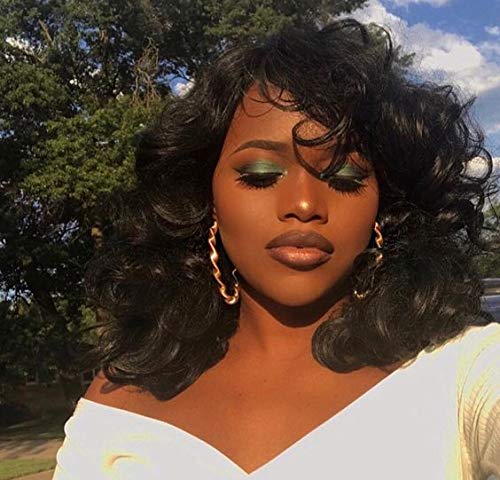 Curly Wig with Bangs for Black Women, Synthetic Afro Big Curls Fluffy Wig High Temperature Heat Resistant Replacement Wigs Kinky Curly Daily Wig Natrual Looking (1B)