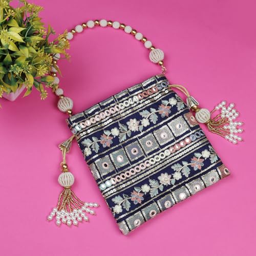 Image of LONGING TO BUY Indian Embroidered Pearl Potli Bag For Women, Sequence Design with Tassel, Wedding Potli Bags