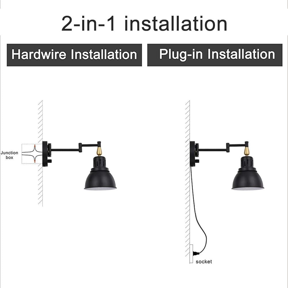 Vintage Wandleuchte Dimmbar mit Schalter Innen Wandlampe Verstellbar 2 Schwenkbar Arm Schwarz Industrial Retro Lampe Wand aus Metall E27 Wandleuchte mit Stecker und Kabel für Wohnzimmer Schlafzimmer