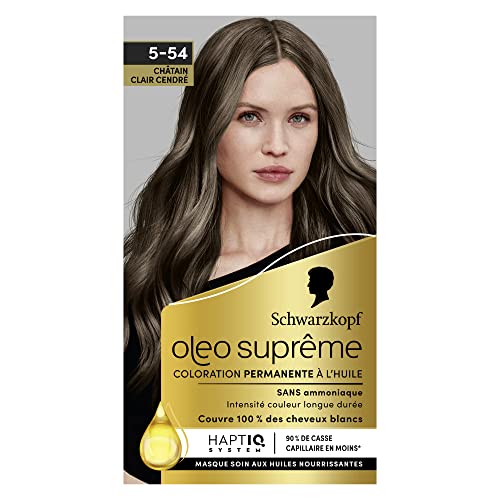 Oleo Suprême - Schwarzkopf – Coloration Permanente à l’Huile – Couleur et Eclat Longue Durée – sans Ammoniaque – Couvre 100% des Cheveux Blancs – HaptIQ Système – Châtain Clair Cendré 5-54