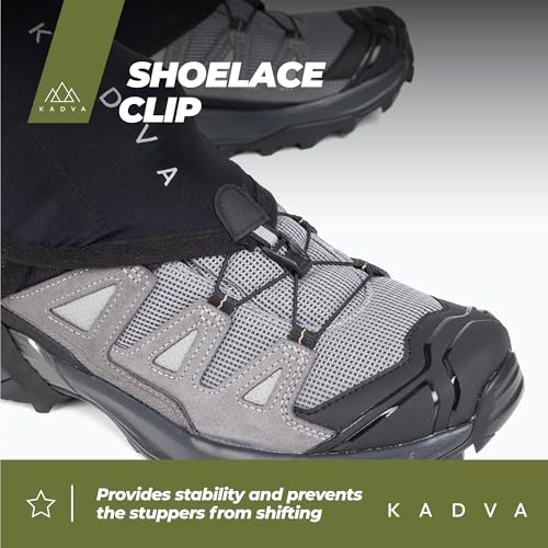 KADVA Gamaschen Wandern ELURRA Schwarz Schlamm-Wasserschutz Elastisches Material Starker Klettverschluss Einfaches Tragen Niedrige Konstruktion Schnürverschluss Ideal für Langlauf