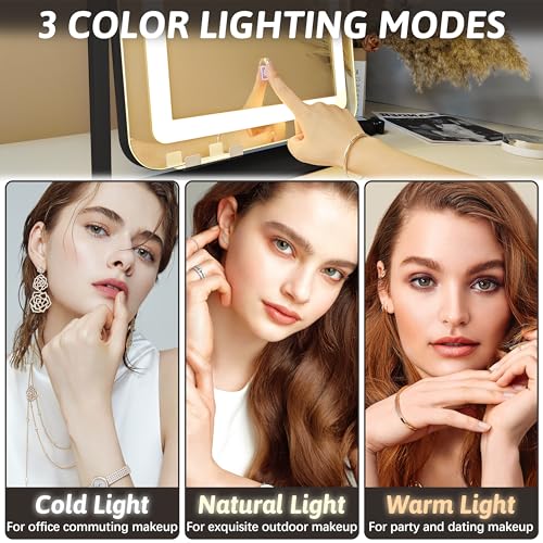 Image of FENNIO Vanity Mirror with Lights 19 inchx22 inch - LED Lighted Makeup Mirror,Large Makeup Mirror with Lights,Touch Screen with 3-Color Lighting,Led Mirror Makeup,Dimmable, for Vanity Desk Tabletop, Bedroom