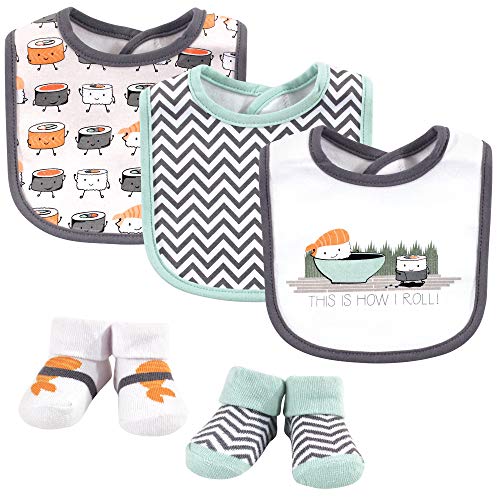 Hudson Baby Unisex Baby Cotton Bib and Sock Set, Sushi, One Size