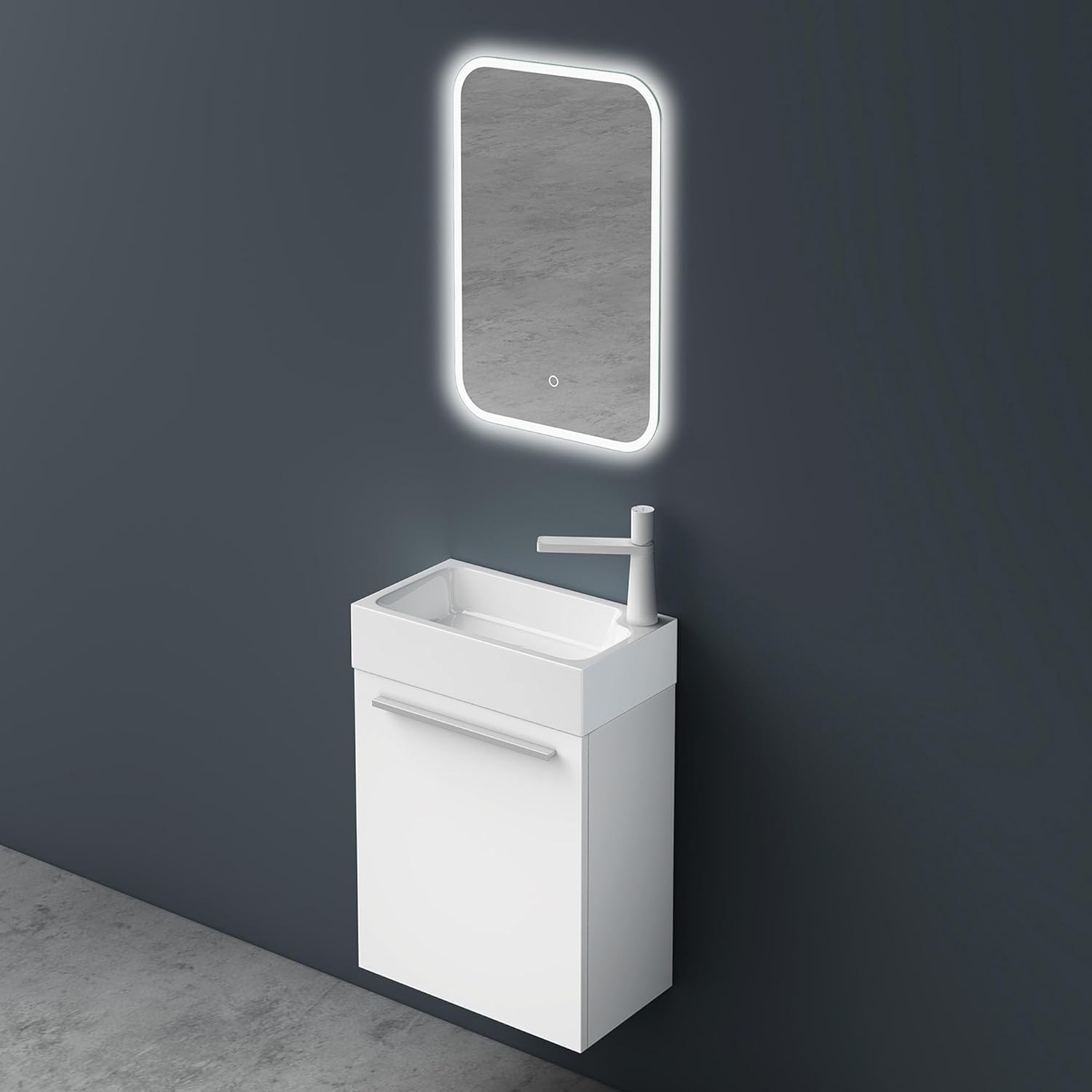 Mai & Mai Mobile Bagno Sospeso46x26x63cm con Lavabo, Bianco opaco | Set Mobile da Bagno con Cassetto Bianco opaco, Lavabo da Minerale fuso in Antracite opaco, Seria Pisa
