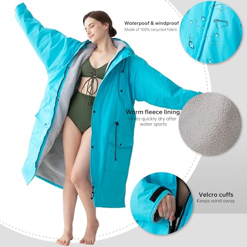 Warm Waterproof Swim Parka Adult, Oversized Hooded Changing Robe, Plush Fleece Winter Surf Poncho for Water Sports2