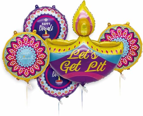Image of AMFIN Happy Diwali Diya Shape 'Let's get lit' Foil Balloon, Multi - Pack of 5