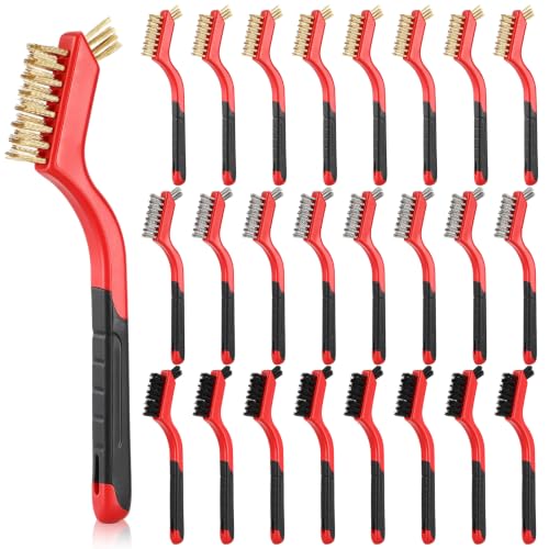 24-Piece Wire Brush Set for Battery Terminal Cleaner & Rust Remover for Metal Stainless Steel, Brass & Nylon Wire Brushes for Cleaning Grills, Tools Tight Spaces 7-Inch Curved Handle, Red ABS Grip