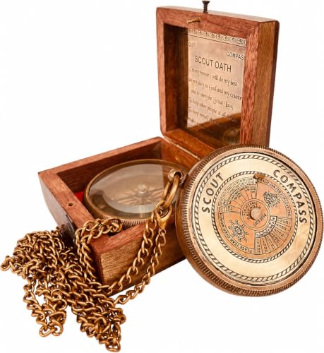Scout Compass Gift con Calendario Perpetuo, Brújula Vintage de Latón en Caja de Madera, Regalo Inspiracional para Boy Scouts y Eagle Scouts