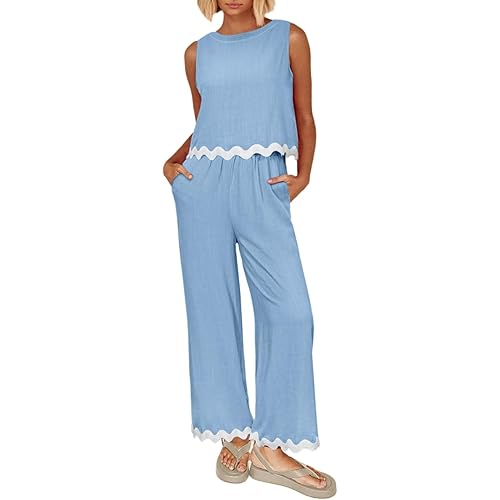 Glamaker Women's Summer 2 Piece Outfits Sleeveless Linen Tank Top Wide Leg Pants Jumpsuits Vacation Matching Sets