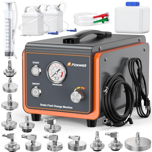 FOXWELL PRO One Man Power Brake Bleeder Kit Dual-Pump Smart Pulse Fluid Exchanger Automatic Brake Bleeding Tool with 13 Adapters Precise Gauge & Dual-Switch Safety Air-Free Brake Fluid Bleeder