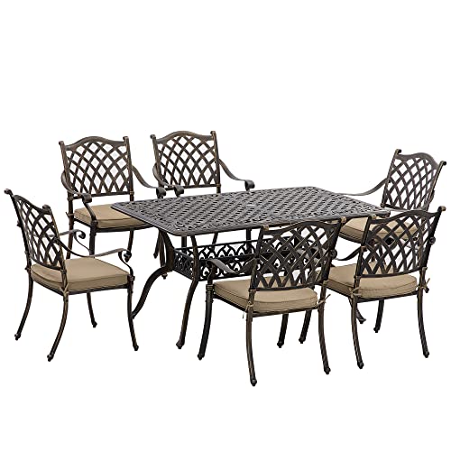 Outsunny 7 Pieces Patio Dining Set with Umbrella Hole, Cast Aluminum Outdoor Patio Furniture Set with 6 Cushioned Chairs and Rectangle Dining Table, for Garden, Lawn, Deck, Khaki