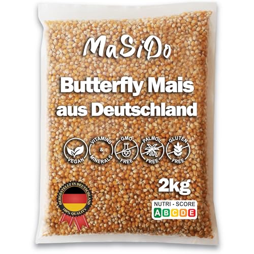 MSD MaSiDo Premium Popcorn Mais aus Deutschland, Butterfly Mais Vorratspack, ohne Gentechnik, vegan, glutenfrei, laktosefrei (2kg Packung)