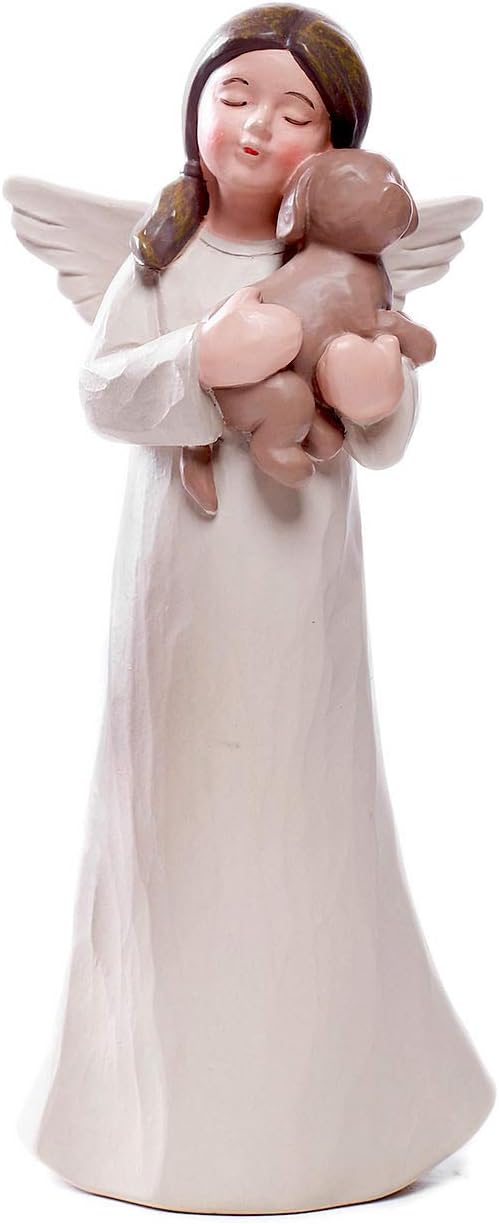 Cute Angel with Dog Figurine Holding Statue, Love Dogs Decor, Dog Owner Gifts for Girl, Pet Passed Away Sympathy Sculpture, Hand Painted Resin Cream Color 5.12 Inch