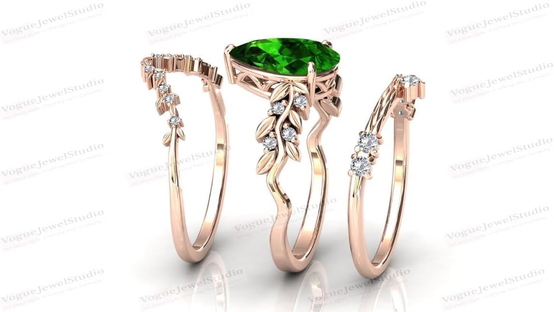 Generic Vine Leaf Design Tsavorite Garnet Engagement Ring Set 1.5 CT Pear Shaped Green Gemstone Wedding Ring Set 14k Gold Tsavorite Bridal Ring Set Promise Ring Set Anniversary Ring Set