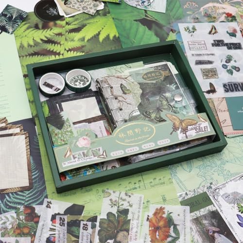 Image of MGNLR Vintage Aesthetic Scrapbook Kit(346Pcs) Scrapbooking Supplies Kit with Bullet Junk Journal,Stationery,A6 Grid Notebook Journaling Gift for Girl (Green Butterfly Scrapbook), Paper