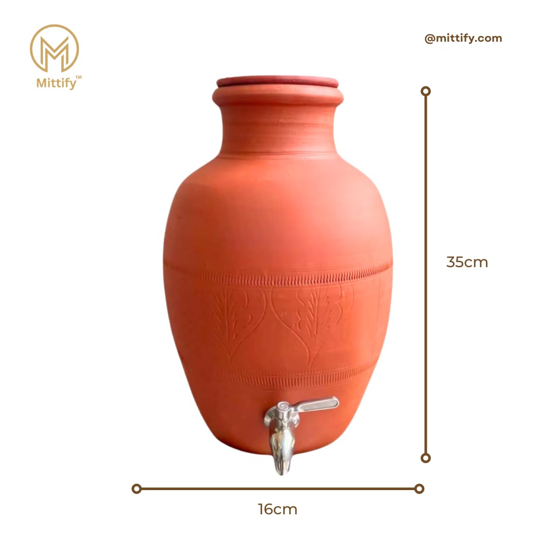 Pot d'eau fait main en terre cuite Rajasthani en acier inoxydable | Distributeur de terre 100 % écologique | Mitti ka Matka – 8 litres