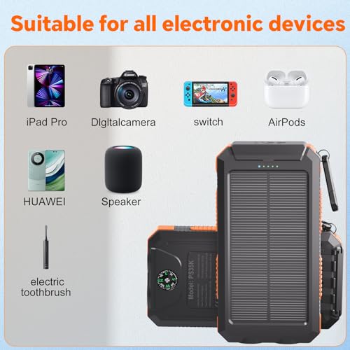 Image of Solar Power Bank 20,000mAh, Portable Phone Charger, 4 Cables Outdoor Waterproof External Backup Power Charger with USB-C for Cell Phones, Solar Battery Pack with Dual Flashlight for Camping