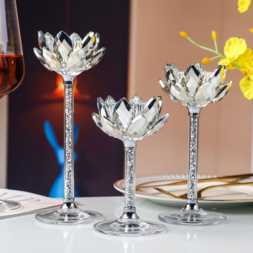 Lotus Crystal Candle Holders Set of 3 - Silver Diamond Glass for Altar, Wedding, Home Decor - Elegant Centerpiece for Christmas, Party & Daily Use (Silber)
