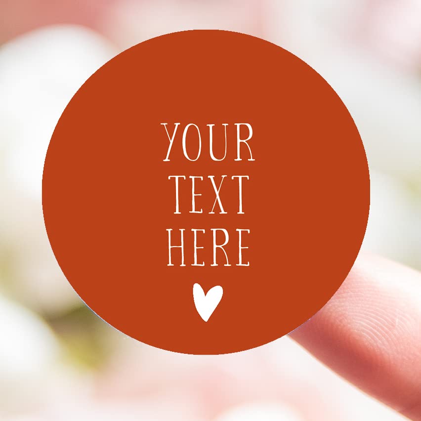 Personalised your text here stickers for wedding stationery | custom named favour/favor printed round sticker colours pink purple black red green navy light blue cream (Burnt Orange)