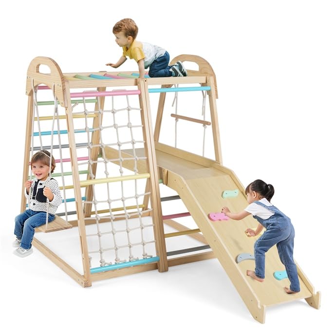 COSTWAY 8 in 1 Set Arrampicata per Bambini, Palestra Montessoriana in Legno con Scivolo Barra Altalena Scala a Corda Scala e Rete, Parco Giochi per Bambini 3-5 Anni (Multicolore)