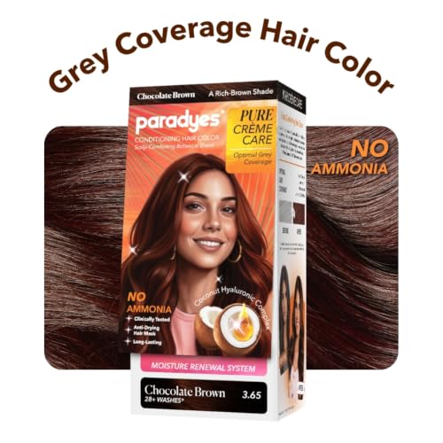 Image of Paradyes Pure Creme Care No Ammonia Hair Color Chocolate Brown 3.65 | Long-Lasting Creme Formula | Grey Coverage | Coconut Milk + Almond Oil + Hyaluronic Complex | Smooth & Shiny Finish | 120g+40 ml