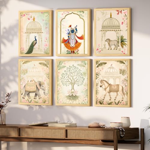Image of PAINTINGMANTRA Madhubani Wall Paintings for living room, Mughal Queen Floral Madhubani Wall Art Painting with frame for Home wall Decoration, Office, Set of 6, 13x18 Inch