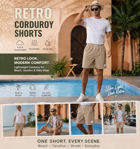 Image of Mens Corduroy Shorts Cotton Blend Lightweight Soft Summer Shorts Elastic Waist Beach Casual Short for Men with Pockets