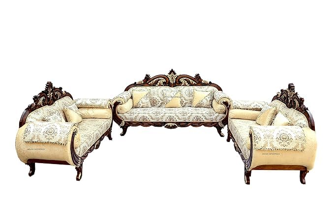 Image of Luxury Antique Sofa Set in a Classic Living Room Setting Solid Teak Wooden Five Seater Sofa Set with Cushion for Living Room | Honey Brown Finish | 208D x 76W x 119H cm (Design13)