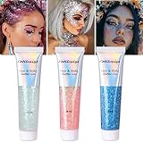 Katiluxiya 6 Face Body Glitter Gel, Sequins Chunky Liquid Mermaid Sequins Chunky Liquid, Face & Body & Eye & Lip Festival Holographic Glitter for Party (Pack of 3)