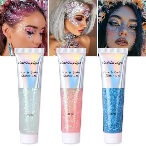 Katiluxiya 3 Color Face Body Paint Face & Body & Eye & Lip Festival Holographic Glitter for Party (3PCS)