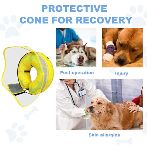 Image of Inflatable Dog Cone, Soft Dog Cone After Surgery, for M M+ L XL Dogs, with Detachable Anti Licking Shield and Inflator, 2 in 1 Adjustable Alternative, Does Not Block Vision, Lemon and Wave Style, M+