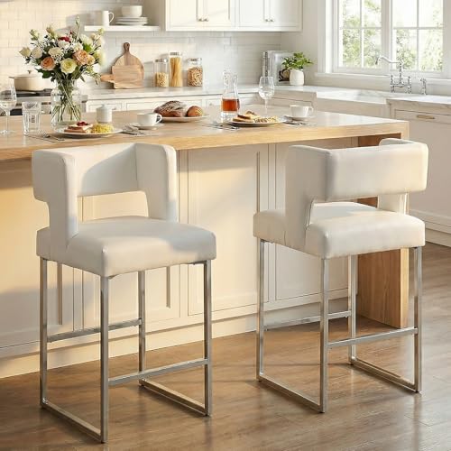Image of 26 inch H Bar Stools Set of 4 with Back, Faux Leather Counter Height Stools with Footrest, Square Metal Frame, Modern Upholstered Bar Chairs for Kitchen Island /Dining Room, White & Silver Legs