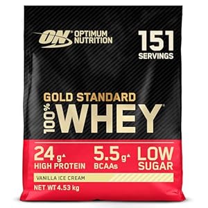 Optimum Nutrition Gold Standard 100% Whey Muscle Building and Recovery Protein Powder With Naturally Occurring Glutamine and BCAA Amino Acids, Vanilla Ice Cream Flavour, 151 Servings, 4.53 kg