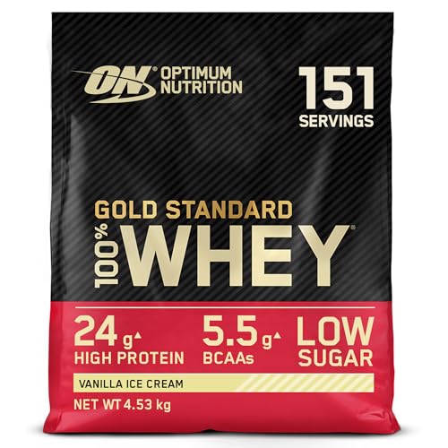 Optimum Nutrition Gold Standard 100% Whey Muscle Building and Recovery Protein Powder With Naturally Occurring Glutamine and BCAA Amino Acids, Vanilla Ice Cream Flavour, 151 Servings, 4.53 kg