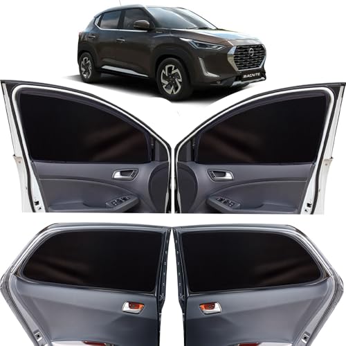 Image of OTO2EYE Car Sun Shade Compatible for Nissan Magnite Model 2020 to 2025, Z-Black Super Magnetic Grip, Front Window Zipper, Side Window Curtains, 4 Pieces Set