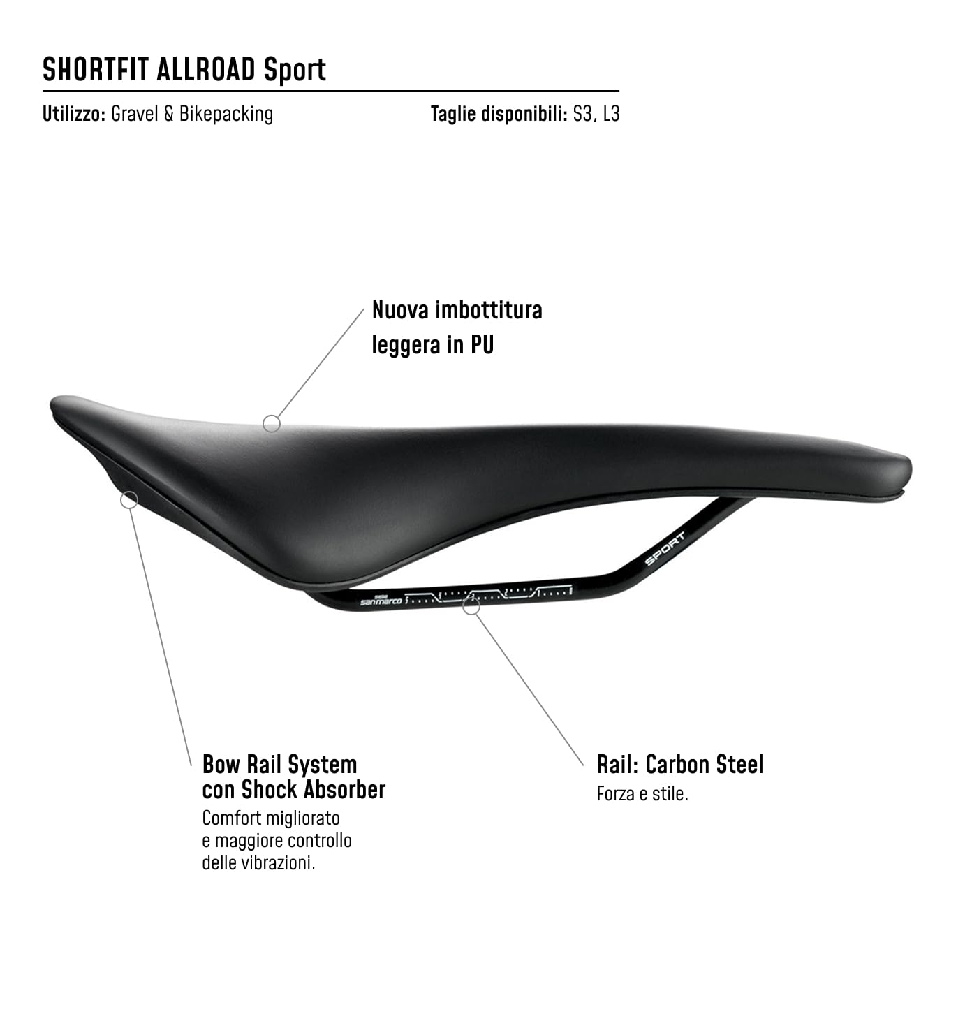 Selle San Marco SHORTFIT ALLROAD Sport - Sella Bici Gravel e All-Road, Comfort Ergonomica, Binari Acciaio