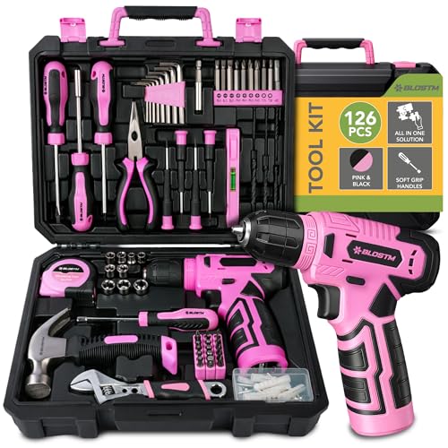 BLOSTM 126 Piece Pink Tool Kit with Drill - Home Tool Set with 8V Cordless Pink Drill & Essential Hand Tools for DIY Household Repairs - Portable Plastic Tool Box Screwdrivers Bits Pliers & More