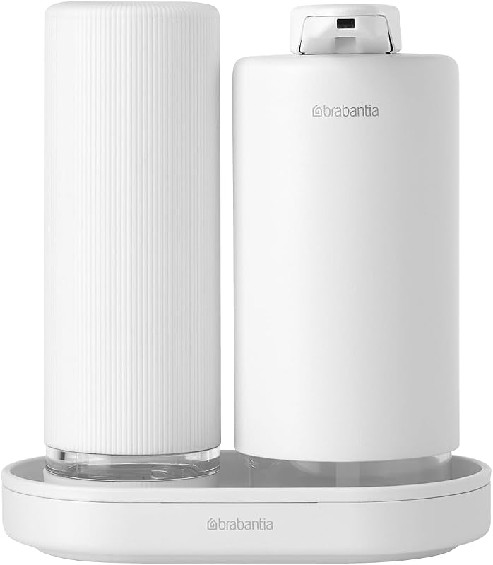 Brabantia - SinkStyle Soap Dispenser Set with 2 Stylish Dispensers for Hand and Dish Soap, Textured Tray, and Soap Squeezer – Mineral Fresh White, 2 x 6.8oz